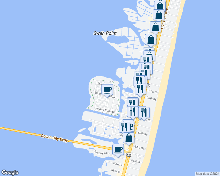 map of restaurants, bars, coffee shops, grocery stores, and more near 37 Fountain Drive West in Ocean City