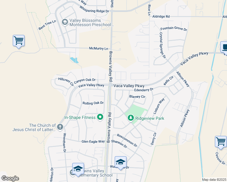 map of restaurants, bars, coffee shops, grocery stores, and more near 521 Edenderry Drive in Vacaville