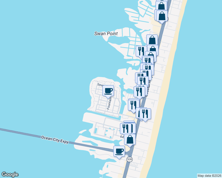 map of restaurants, bars, coffee shops, grocery stores, and more near 37 Fountain Drive West in Ocean City