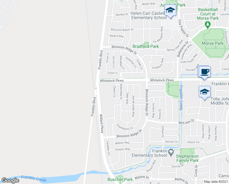 map of restaurants, bars, coffee shops, grocery stores, and more near Cleary Circle in Elk Grove