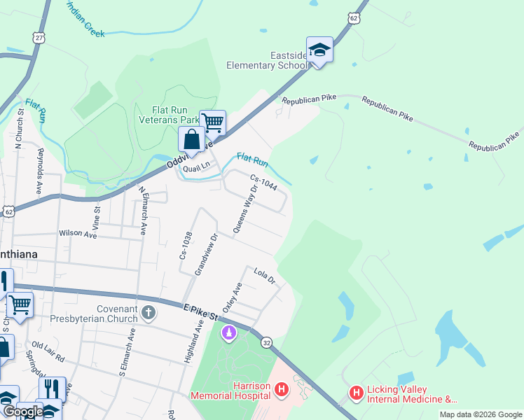map of restaurants, bars, coffee shops, grocery stores, and more near 305 East Meadow Lane in Cynthiana
