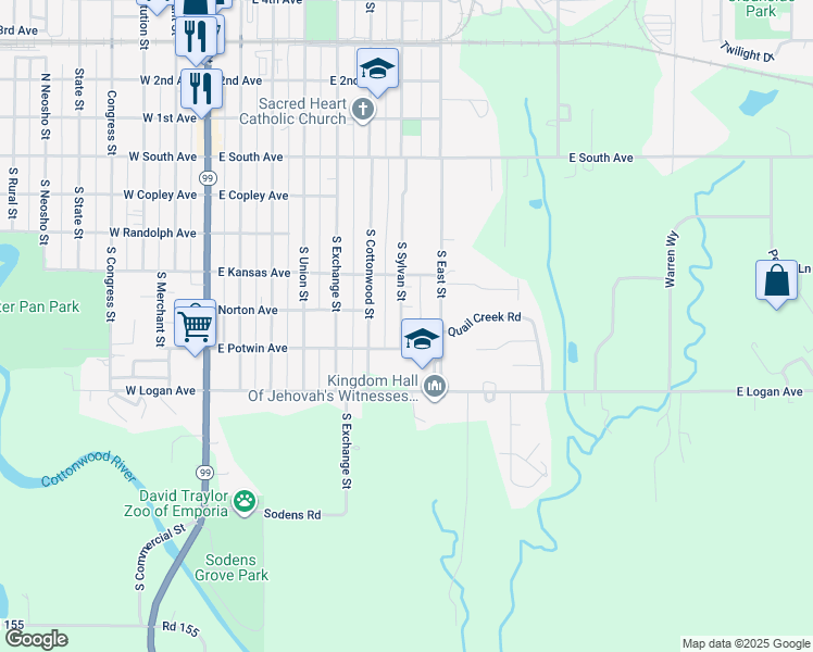 map of restaurants, bars, coffee shops, grocery stores, and more near 404 South Sylvan Street in Emporia