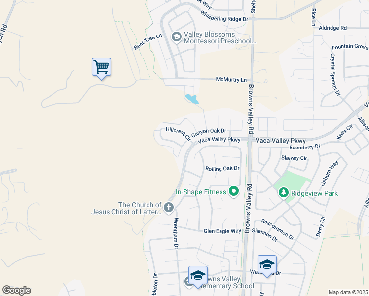 map of restaurants, bars, coffee shops, grocery stores, and more near 596 Canyon Oak Drive in Vacaville
