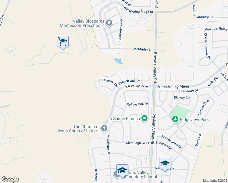 map of restaurants, bars, coffee shops, grocery stores, and more near 596 Canyon Oak Drive in Vacaville