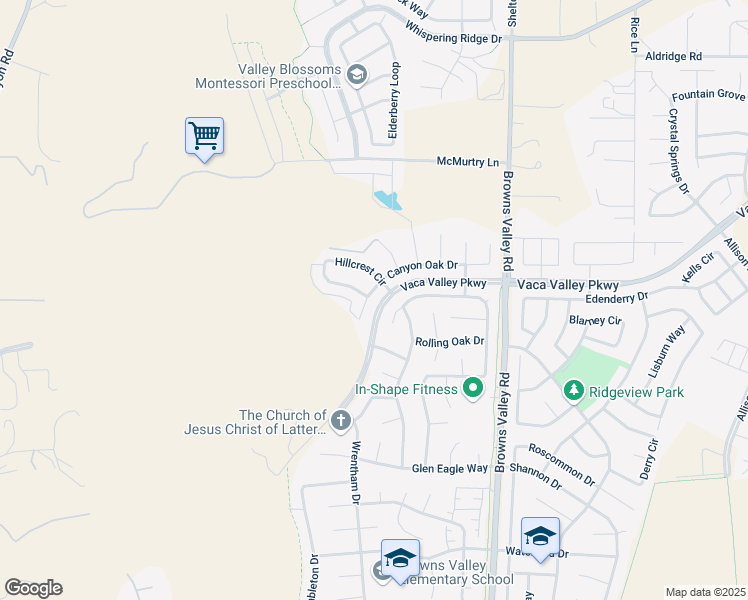 map of restaurants, bars, coffee shops, grocery stores, and more near 596 Canyon Oak Drive in Vacaville
