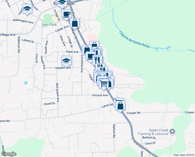 map of restaurants, bars, coffee shops, grocery stores, and more near 7042 Fellers Lane in Sebastopol
