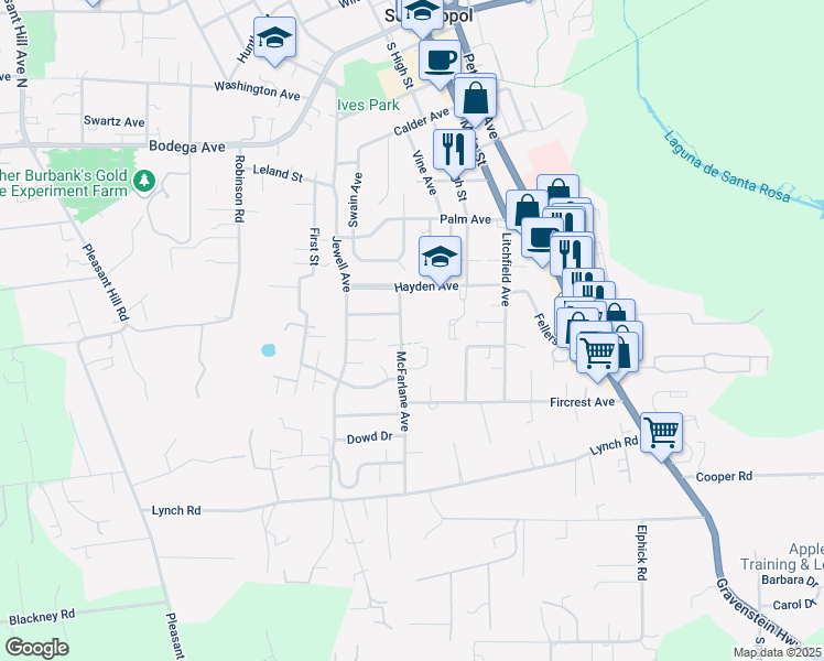 map of restaurants, bars, coffee shops, grocery stores, and more near 893 McFarlane Avenue in Sebastopol