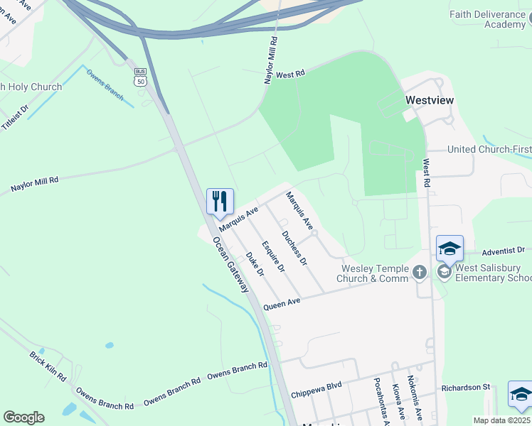 map of restaurants, bars, coffee shops, grocery stores, and more near 1524 Duchess Drive in Salisbury