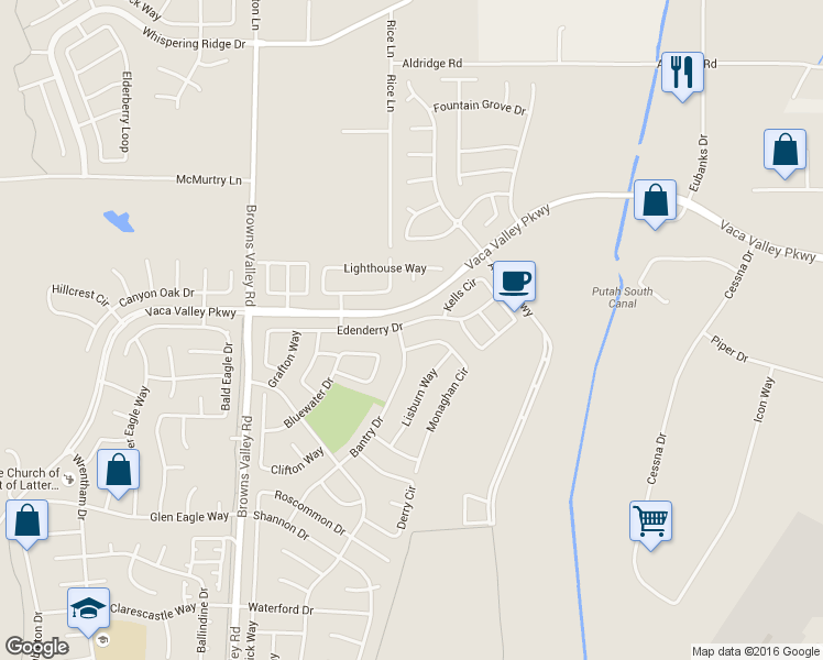 map of restaurants, bars, coffee shops, grocery stores, and more near 664 Edenderry Drive in Vacaville