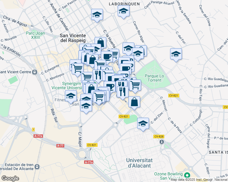 map of restaurants, bars, coffee shops, grocery stores, and more near 72 Calle Alicante in San Vicente del Raspeig