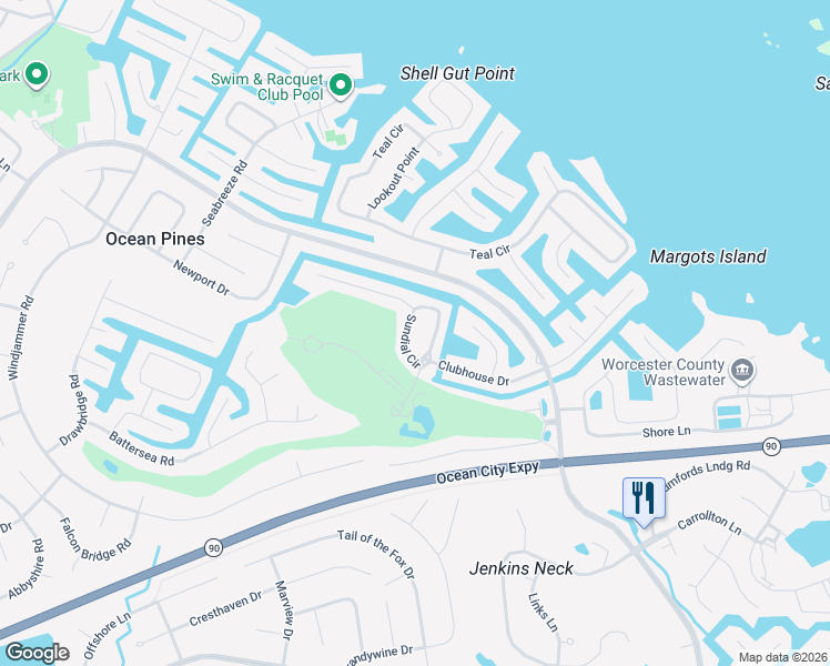 map of restaurants, bars, coffee shops, grocery stores, and more near 14 Sundial Circle in Ocean Pines