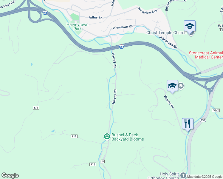 map of restaurants, bars, coffee shops, grocery stores, and more near 2525 Harvey Road in Huntington
