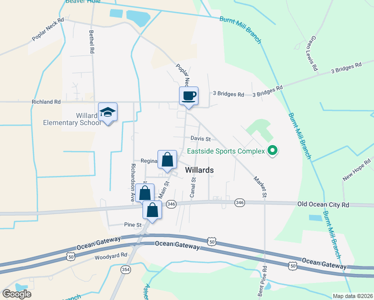 map of restaurants, bars, coffee shops, grocery stores, and more near 7393 Main Street in Willards