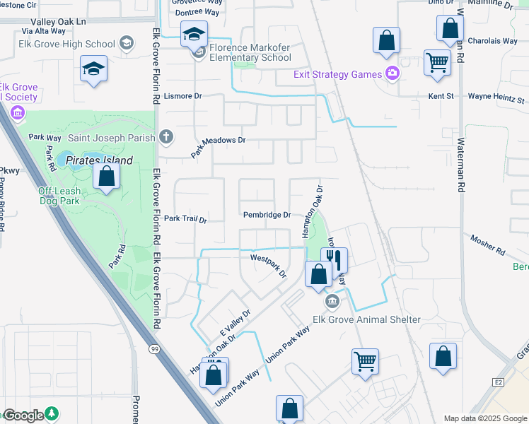 map of restaurants, bars, coffee shops, grocery stores, and more near 9043 Pembridge Drive in Elk Grove