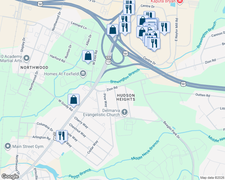 map of restaurants, bars, coffee shops, grocery stores, and more near 310 Zion Road in Salisbury