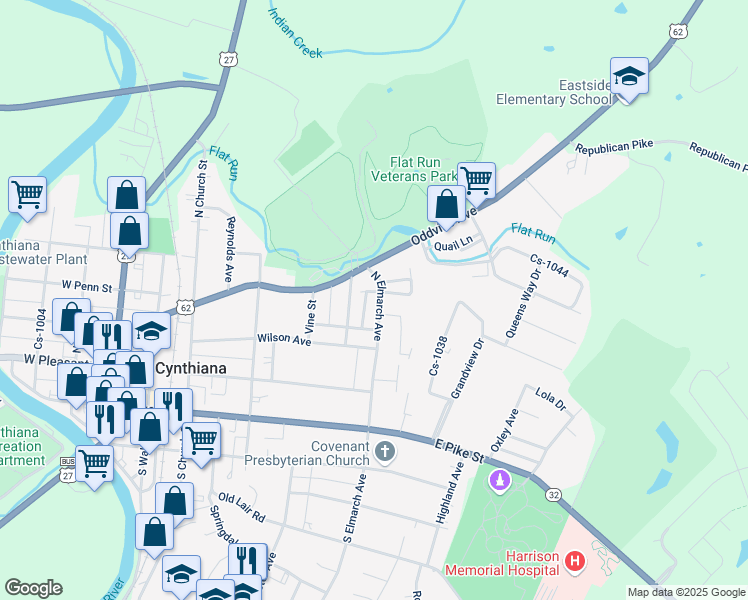 map of restaurants, bars, coffee shops, grocery stores, and more near 141 North Elmarch Avenue in Cynthiana