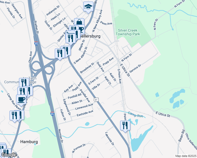 map of restaurants, bars, coffee shops, grocery stores, and more near 333 South Fern Street in Sellersburg