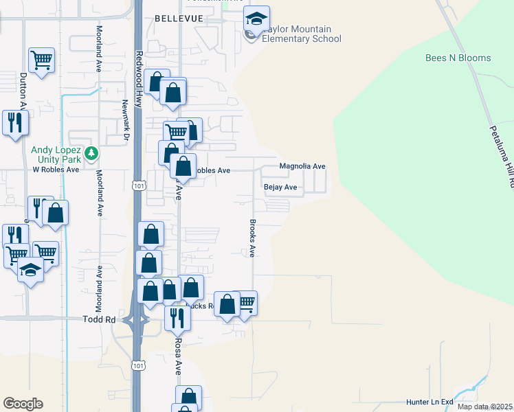 map of restaurants, bars, coffee shops, grocery stores, and more near 3460 Brooks Avenue in Santa Rosa