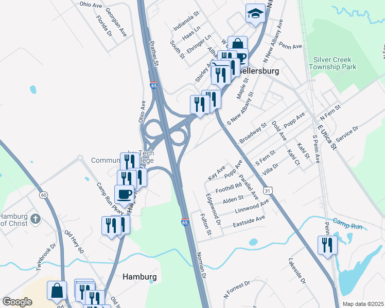 map of restaurants, bars, coffee shops, grocery stores, and more near 325 South New Albany Street in Sellersburg