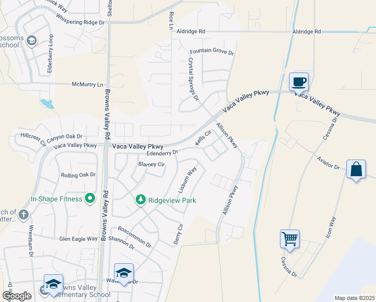 map of restaurants, bars, coffee shops, grocery stores, and more near 664 Edenderry Drive in Vacaville