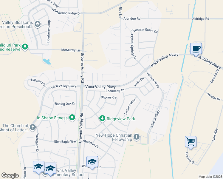 map of restaurants, bars, coffee shops, grocery stores, and more near 628 Edenderry Drive in Vacaville