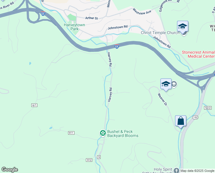 map of restaurants, bars, coffee shops, grocery stores, and more near 2525 Harvey Road in Huntington