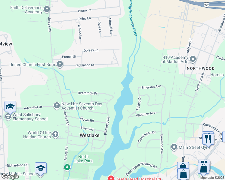 map of restaurants, bars, coffee shops, grocery stores, and more near 401 Overbrook Drive in Salisbury