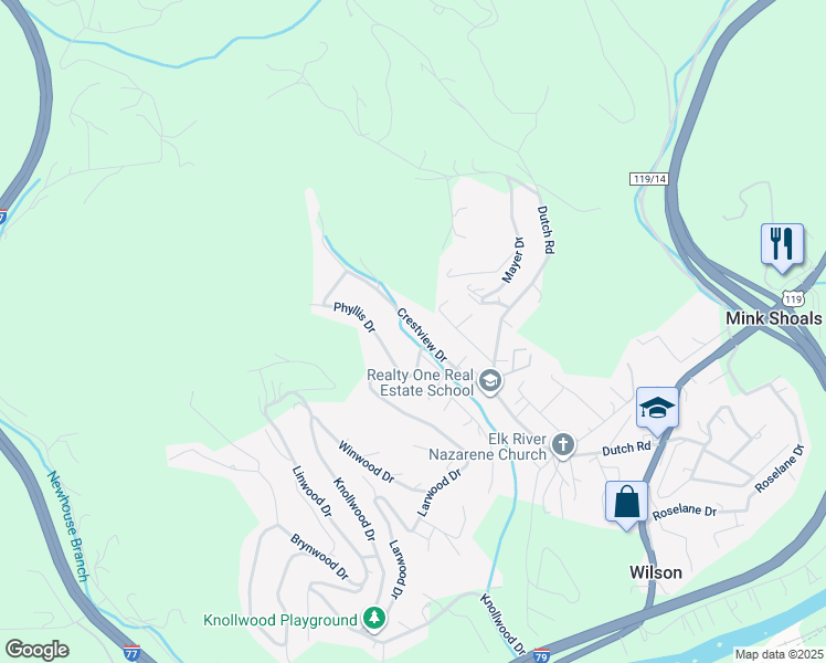 map of restaurants, bars, coffee shops, grocery stores, and more near 405 Crestview Dr in Charleston