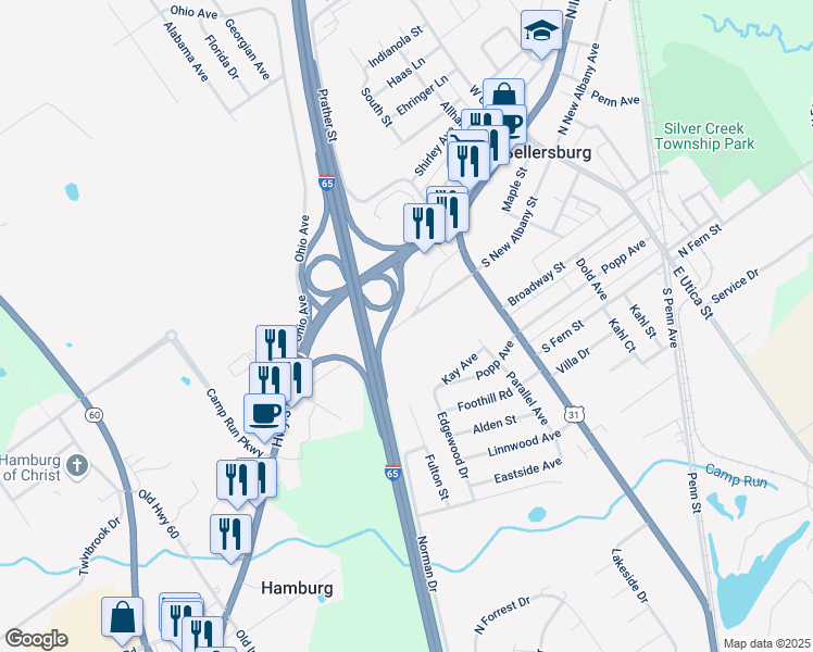 map of restaurants, bars, coffee shops, grocery stores, and more near in Sellersburg