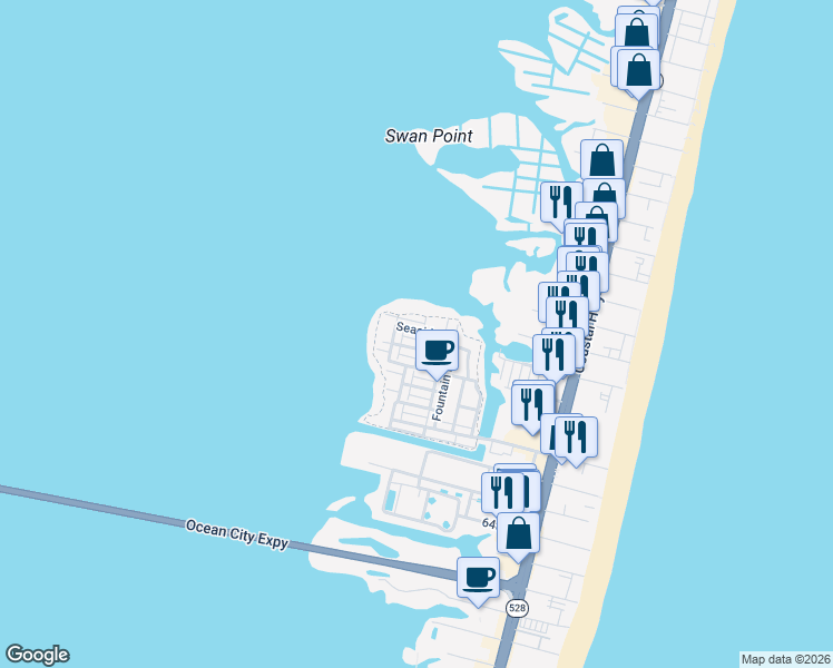 map of restaurants, bars, coffee shops, grocery stores, and more near 35 Seaside Drive in Ocean City