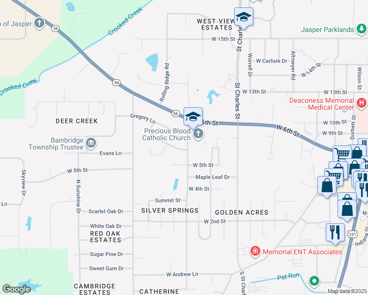 map of restaurants, bars, coffee shops, grocery stores, and more near 505 Lechner Lane in Jasper