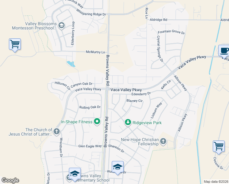 map of restaurants, bars, coffee shops, grocery stores, and more near 521 Edenderry Drive in Vacaville