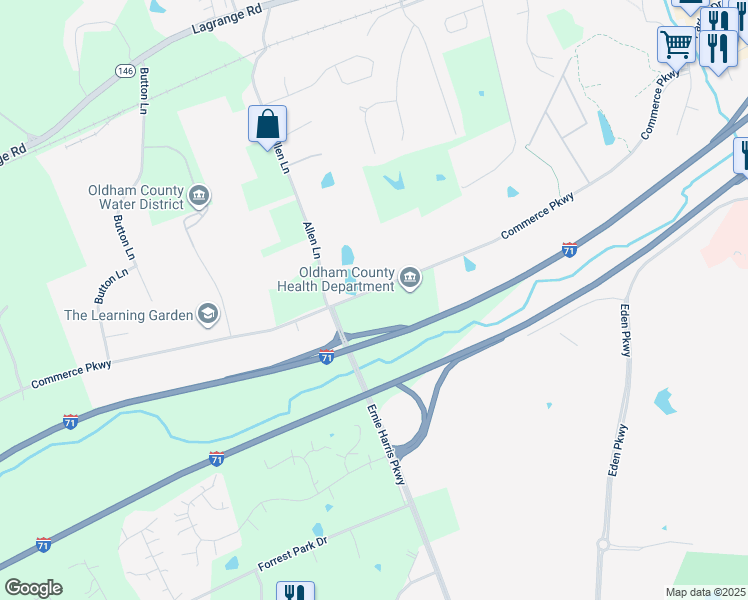 map of restaurants, bars, coffee shops, grocery stores, and more near 1800 Commerce Parkway in La Grange