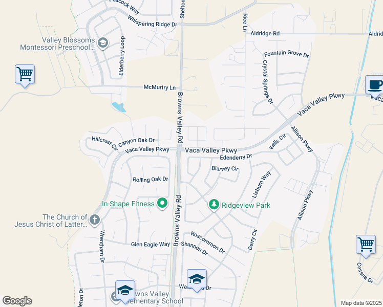 map of restaurants, bars, coffee shops, grocery stores, and more near 521 Edenderry Drive in Vacaville