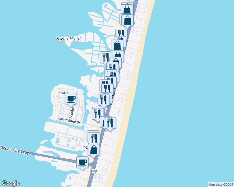 map of restaurants, bars, coffee shops, grocery stores, and more near 13 72nd Street in Ocean City