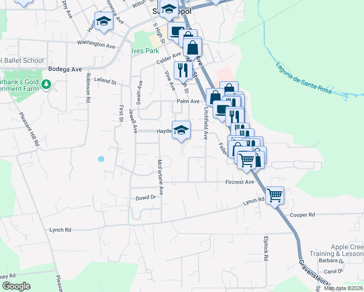 map of restaurants, bars, coffee shops, grocery stores, and more near 7285 Hayden Avenue in Sebastopol