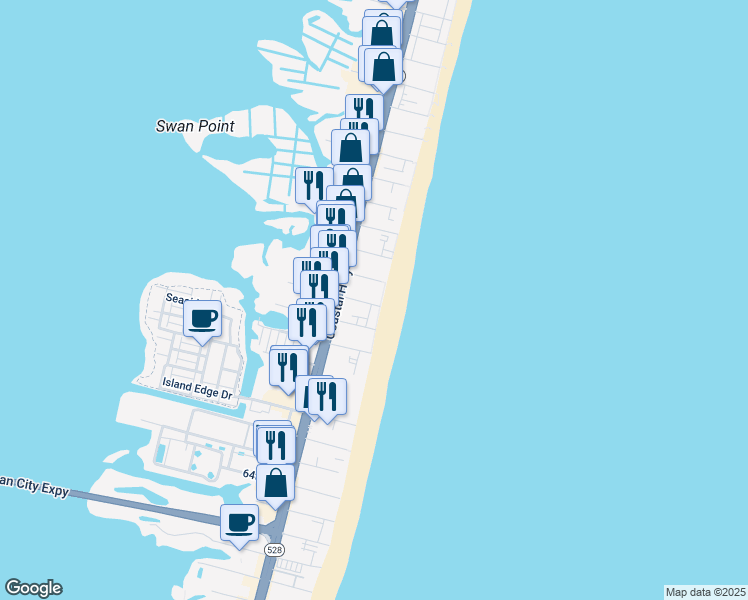 map of restaurants, bars, coffee shops, grocery stores, and more near 17 72nd Street in Ocean City
