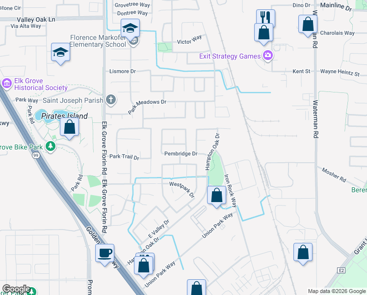 map of restaurants, bars, coffee shops, grocery stores, and more near 9043 Pembridge Drive in Elk Grove
