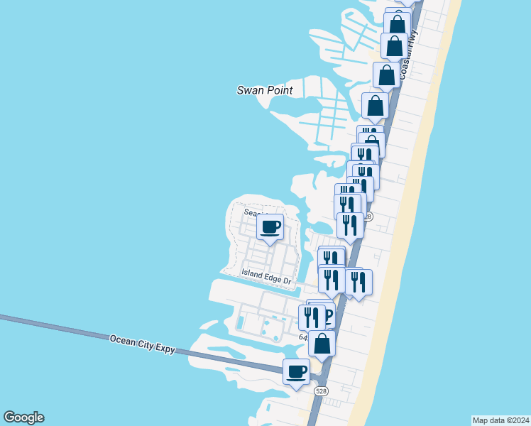 map of restaurants, bars, coffee shops, grocery stores, and more near 5101 Coastal Highway in Ocean City
