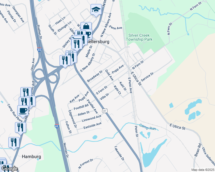 map of restaurants, bars, coffee shops, grocery stores, and more near 333 South Fern Street in Sellersburg