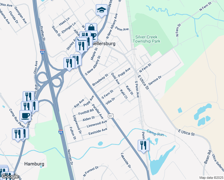 map of restaurants, bars, coffee shops, grocery stores, and more near 333 South Fern Street in Sellersburg