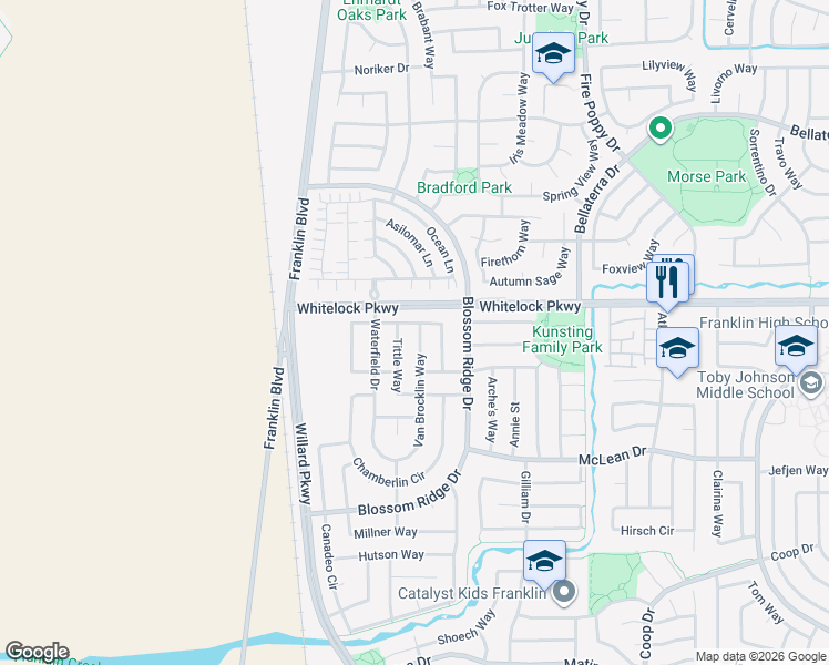 map of restaurants, bars, coffee shops, grocery stores, and more near 10034 Van Brocklin Way in Elk Grove