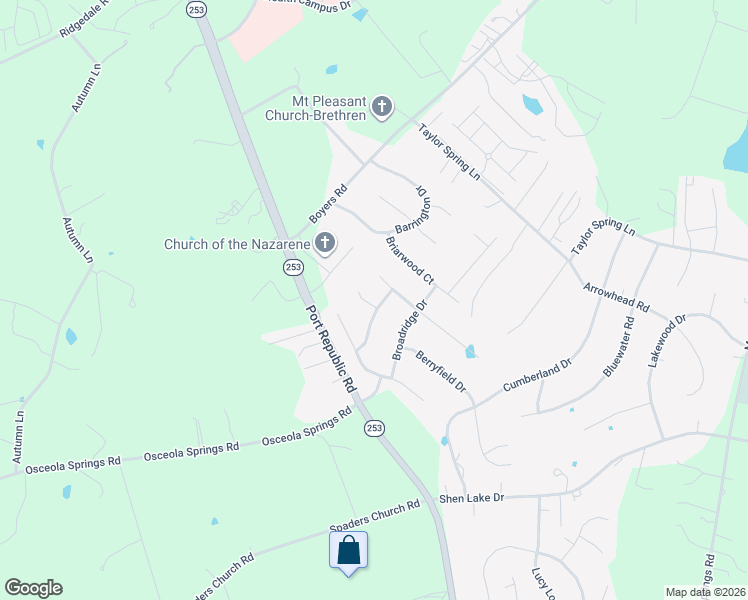 map of restaurants, bars, coffee shops, grocery stores, and more near 1710 Buckingham Drive in Harrisonburg