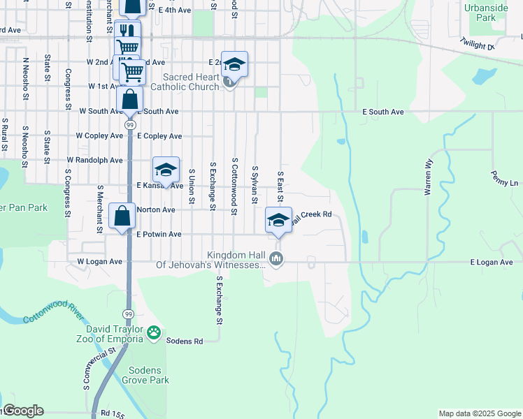map of restaurants, bars, coffee shops, grocery stores, and more near 404 South Sylvan Street in Emporia