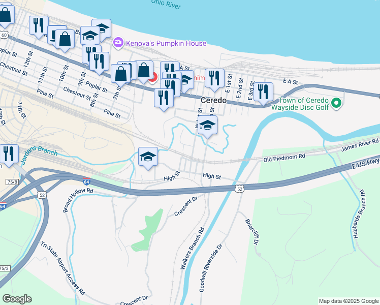 map of restaurants, bars, coffee shops, grocery stores, and more near 701 Main St in Huntington