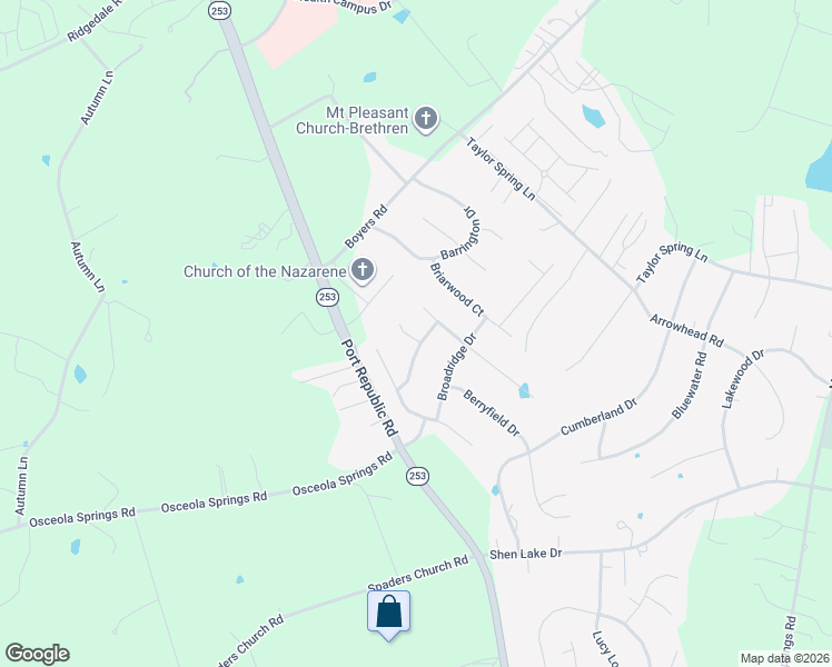 map of restaurants, bars, coffee shops, grocery stores, and more near 1710 Buckingham Drive in Harrisonburg