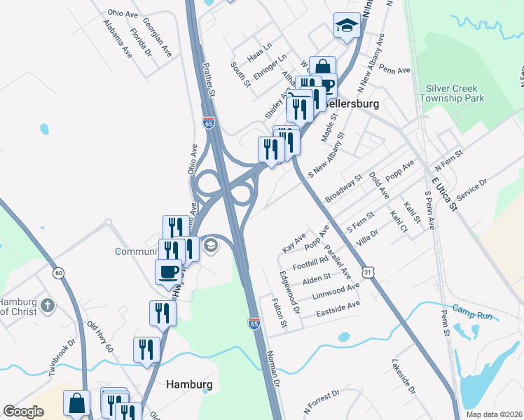 map of restaurants, bars, coffee shops, grocery stores, and more near 329 South New Albany Street in Sellersburg