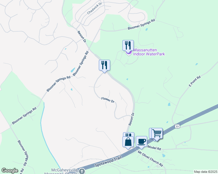 map of restaurants, bars, coffee shops, grocery stores, and more near 285 Jessamine Place in McGaheysville