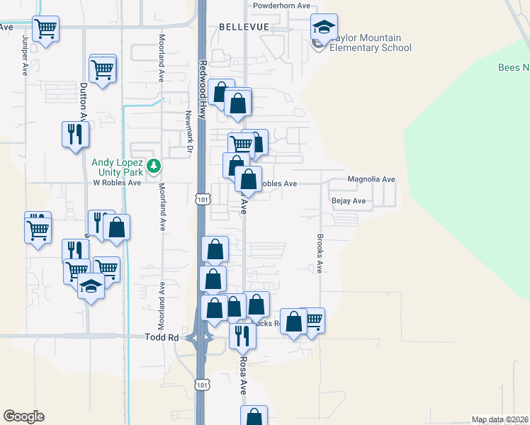 map of restaurants, bars, coffee shops, grocery stores, and more near 3454 Santa Rosa Avenue in Santa Rosa
