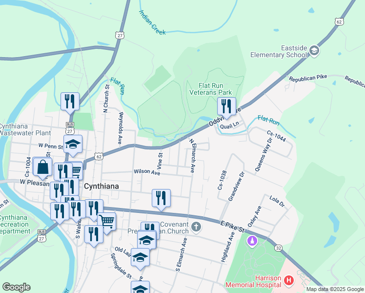 map of restaurants, bars, coffee shops, grocery stores, and more near 141 North Elmarch Avenue in Cynthiana